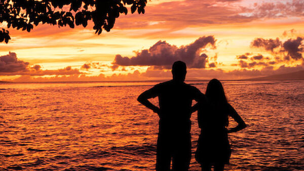 A silhouette of two people standing by the water, watching a vibrant sunset with shades of orange, pink, and purple, framed by a tree's branches.