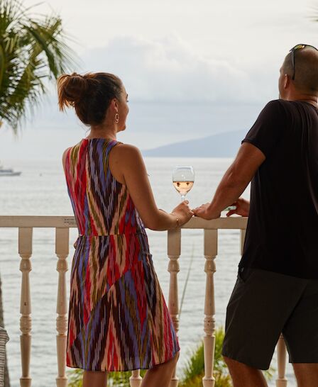 A couple is standing on a balcony, overlooking the ocean, with palm trees in the background. One is holding a glass of white wine.