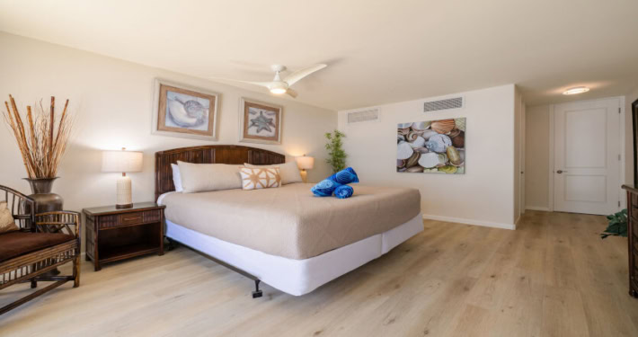 bed with ceiling fan, lamps and wall decorations