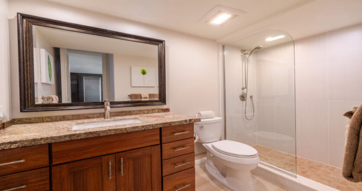 bathroom with walk-in shower and large mirror