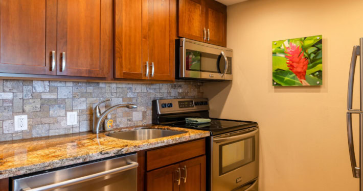 full kitchen with stove, microwave, refrigerator and dish washer